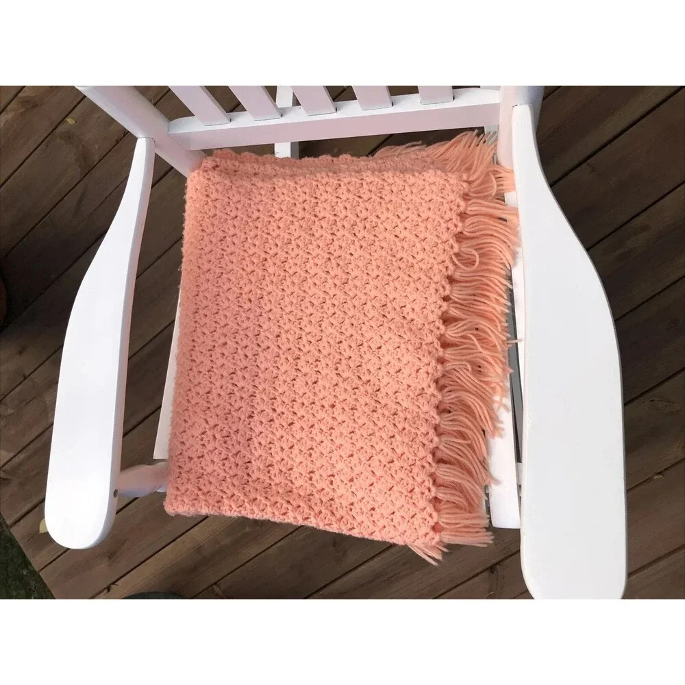 Vintage Handmade Crochet Blanket Afghan 40x63” Peach Fringe EUC